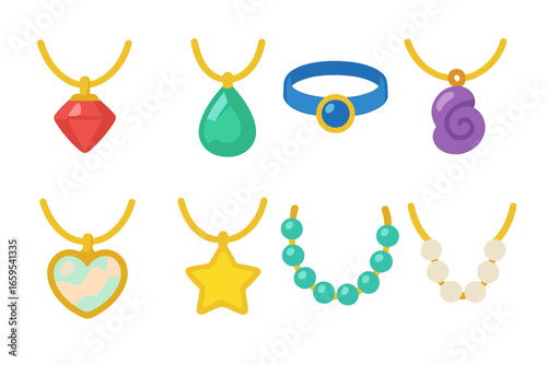 Colorful Gemstone Necklaces. Flat vector mini-illustrations gemstone necklaces in colors children's illustrations: ruby pendant,