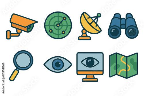 Surveillance Icons Grid. Flat vector mini-illustrations state surveillance in colors children's illustrations:
