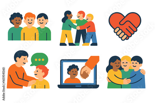 Support Network Icons. Flat vector mini-illustrations Social support networks for personal development in