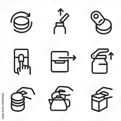 Lid Opening Icons. Outline icon set of lid opening actions: twist open, flip open, pull tab, press button, slide open, lever