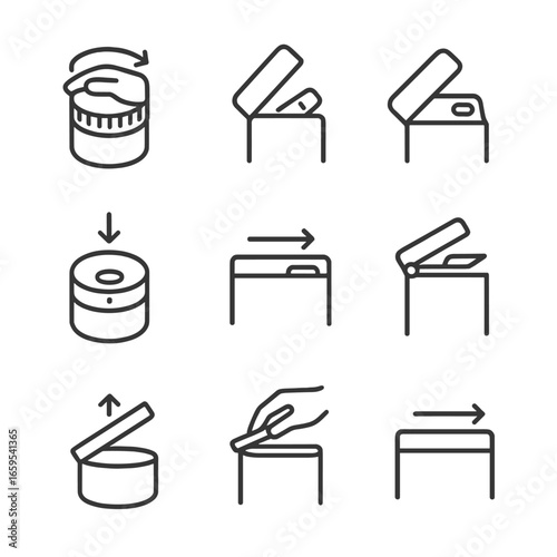 Lid Opening Icons. Outline icon set of lid opening actions: twist open, flip open, pull tab, press button, slide open, lever