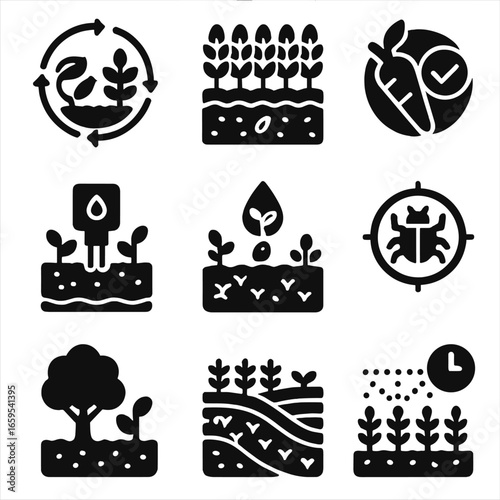 Sustainable Agriculture Icons. Solid, filled icons set of sustainable agriculture and water use: crop rotation