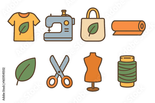 Sustainable Fashion Icons. Flat vector mini-illustrations sustainable fashion careers in colors children's