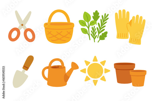 Sustainable Herb Harvest. Flat vector mini-illustrations sustainable herb harvesting in colors children's
