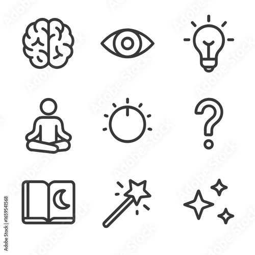 Lucid Dreaming Icons. Outline icon set of lucid dreaming: brain, eye open, light bulb, meditation pose, control knob, question