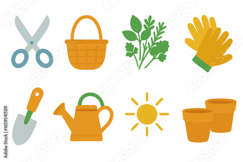 Sustainable Herb Harvest. Flat vector mini-illustrations sustainable herb harvesting in colors children's