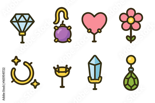 Colorful Prong Earrings. Flat vector mini-illustrations earrings with prongs in colors children's illustrations: diamond stud