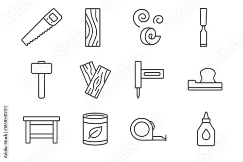 Sustainable Woodworking Icons. Outline vector icons of sustainable woodworking: hand saw, wooden plank, wood