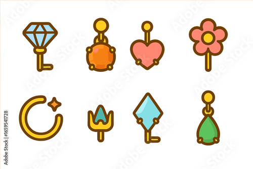Colorful Prong Earrings. Flat vector mini-illustrations earrings with prongs in colors children's illustrations: diamond stud
