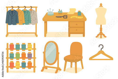 Tailoring Shop Icons. Flat vector mini-illustrations Tailoring shop interiors in colors children's