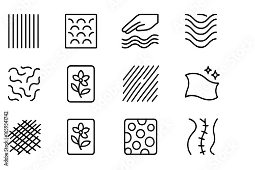 Tactile Fashion Icons. Outline vector icons of tactile fashion surfaces: ribbed knit, embossed fabric, velvet