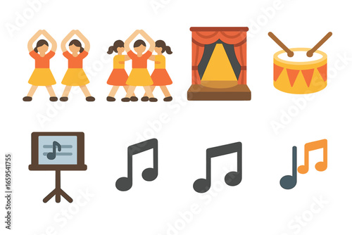 Synchronized Dance Icons. Flat vector mini-illustrations Synchronized dance group in colors children's