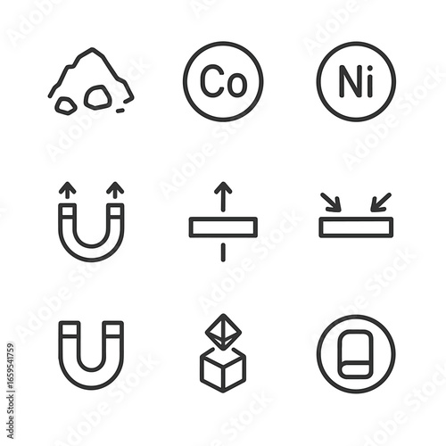 Magnetic Icons Grid. Outline icon set of magnetic materials: iron, cobalt, nickel, ferromagnetic, paramagnetic, diamagnetic,