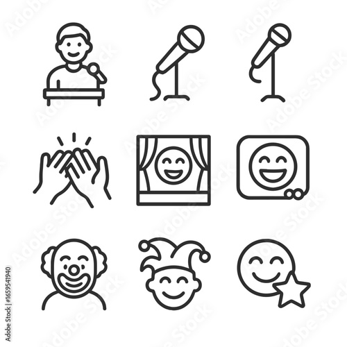 Comedy Icons Set. Outline icon set of laugh in comedy: comedian, microphone, stand-up, applause, comedy show, laughter track,