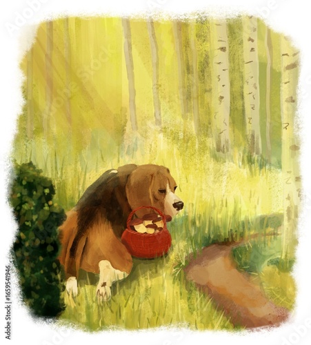 A dog guards mushrooms in the forest