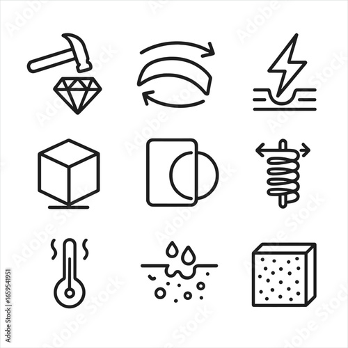 Material Property Icons. Outline icon set of material properties: hardness, flexibility, conductivity, density, transparency,