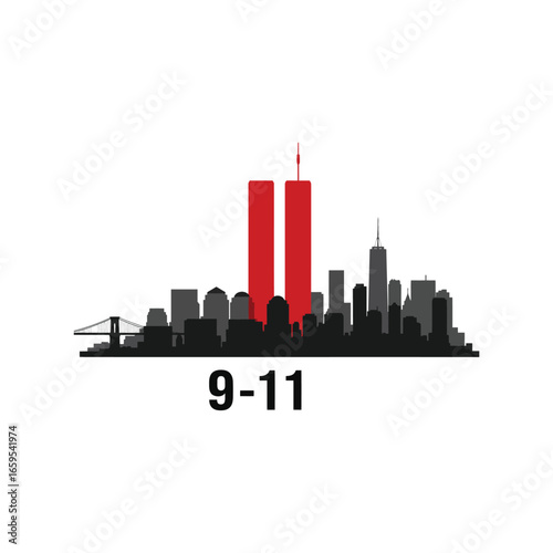 Remembering 9/11 iconic twin towers silhouette against a distant cityscape symbolizing patriotism and resilience vector