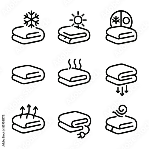 Comforter Icons Grid. Outline icon set of comforter seasonal use: winter comforter, summer comforter, all-season comforter,