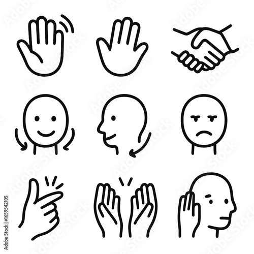 Communication Gesture Icons. Outline icon set of communication gestures: wave hello, wave goodbye, hand shake, nod, head shake,