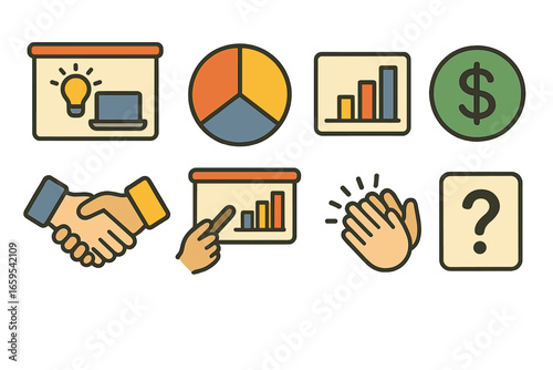Tech Pitch Icons. Flat vector mini-illustrations Tech startup pitch preparation in colors children's