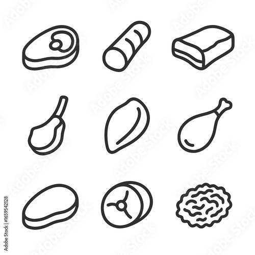 Meat Cuts Icons. Outline icon set of meat cuts and types: ribeye, tenderloin, brisket, lamb chop, chicken breast, turkey leg, veal