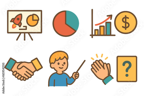 Tech Pitch Icons. Flat vector mini-illustrations Tech startup pitch preparation in colors children's