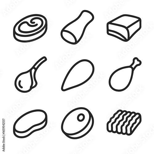 Meat Cuts Icons. Outline icon set of meat cuts and types: ribeye, tenderloin, brisket, lamb chop, chicken breast, turkey leg, veal