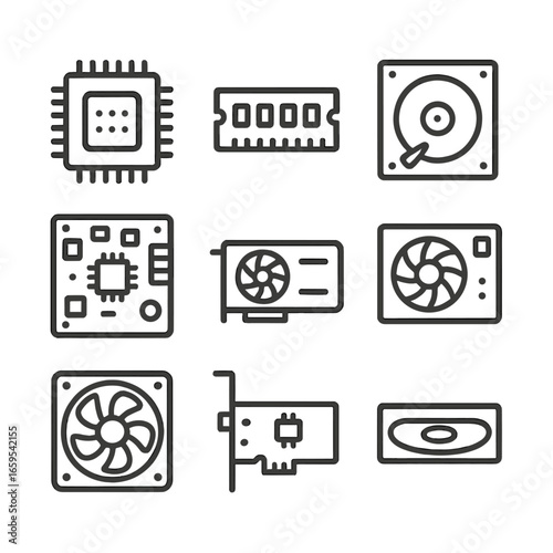 Computer Icon Grid. Outline icon set of computer components: CPU, RAM, hard drive, motherboard, GPU, power supply, fan, network