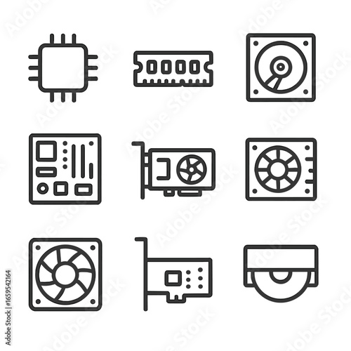 Computer Icon Grid. Outline icon set of computer components: CPU, RAM, hard drive, motherboard, GPU, power supply, fan, network