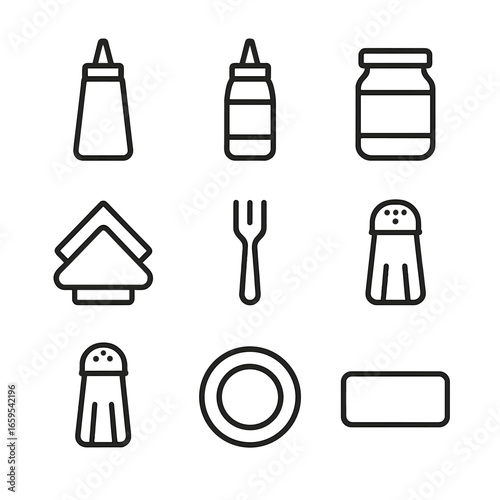 Condiment Icon Set. Outline icon set of ketchup condiment sets: ketchup bottle, mustard bottle, mayo jar, salt shaker, pepper