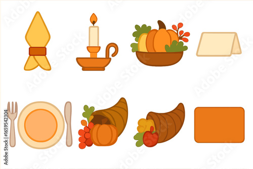 Thanksgiving Table Icons. Flat vector mini-illustrations traditional Thanksgiving table setting in colors