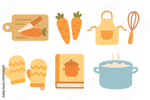 Thanksgiving Prep Icons. Flat vector mini-illustrations preparing Thanksgiving dinner in colors children's