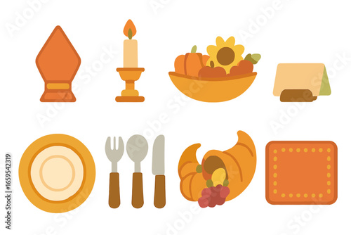 Thanksgiving Table Icons. Flat vector mini-illustrations traditional Thanksgiving table setting in colors