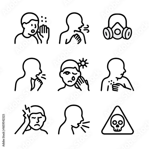 Mold Health Icon Set. Outline icon set of mold related health issues: allergy, asthma, respiratory mask, cough, eye irritation,