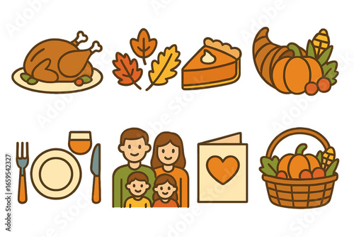 Thanksgiving Icon Set. Flat vector mini-illustrations Thanksgiving celebration in colors children's