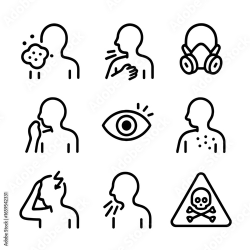 Mold Health Icon Set. Outline icon set of mold related health issues: allergy, asthma, respiratory mask, cough, eye irritation,