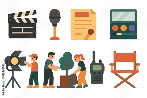 Theater Backstage Icons. Flat vector mini-illustrations Theater backstage activities in colors children's