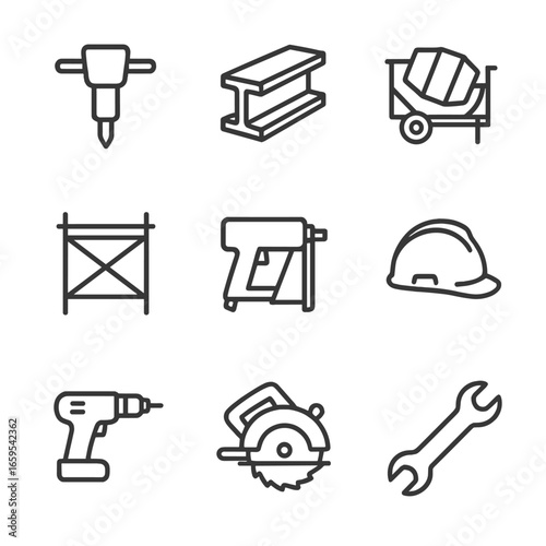 Construction Tools Icons. Outline icon set of clang in construction: jackhammer, steel beams, cement mixer, scaffolding, nail gun,