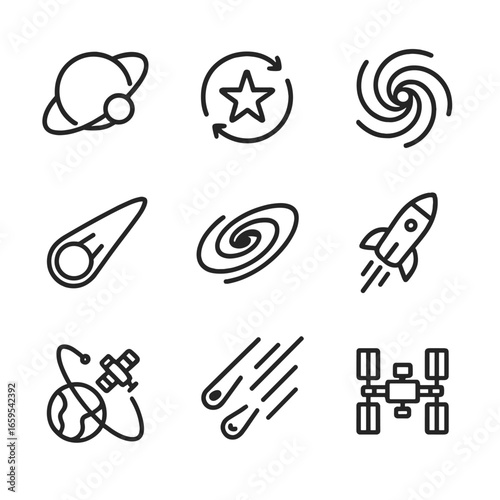 Cosmic Icon Set. Outline icon set of cosmic movement: orbiting planets, spinning stars, rotating galaxies, comet trail, black hole