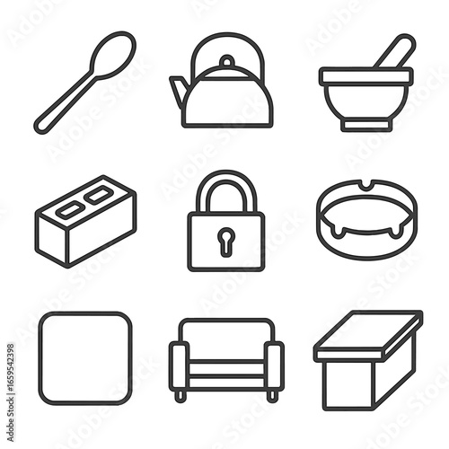 Monochrome Household Icons. Outline icon set of gray household objects: steel spoon, iron kettle, stone mortar, concrete block,