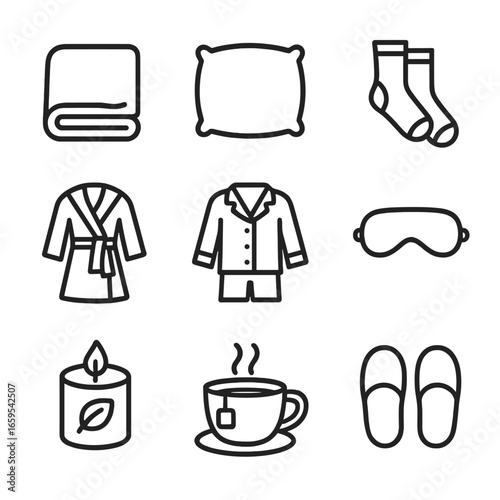 Cozy Nap Essentials. Outline icon set of nap comfort items: soft blanket, plush pillow, cozy socks, warm robe, comfy pajamas, eye
