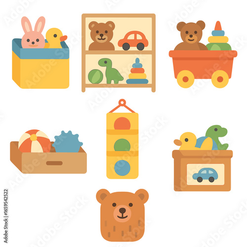 Toy Storage Solutions. Flat vector mini-illustrations storage solutions for toys in colors children's