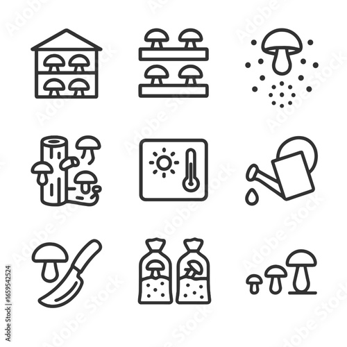 Mushroom Cultivation Icons. Outline icon set of mushroom cultivation and farming: mushroom farm, growing trays, mushroom spores,