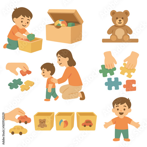 Toy Cleanup Icons. Flat vector mini-illustrations helping kids clean up their toys in colors children's