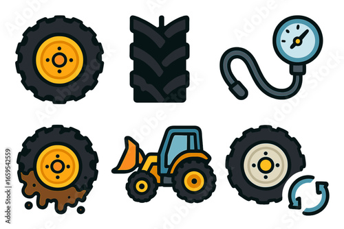 Tractor Wheel Icons. Flat vector mini-illustrations tractor wheel in colors children's illustrations: large