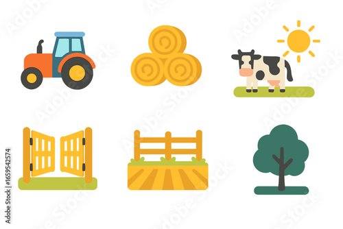Tractors in Farm Scene. Flat vector mini-illustrations tractors at work in colors children's illustrations: