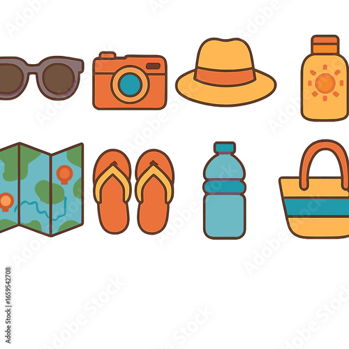 Travel Essentials Icons. Flat vector mini-illustrations travel essentials close-up in colors children's