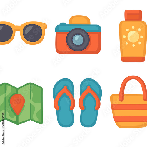 Travel Essentials Icons. Flat vector mini-illustrations travel essentials close-up in colors children's