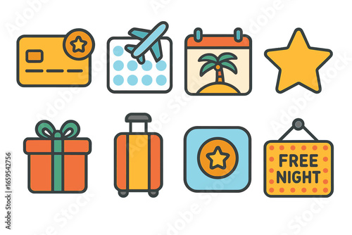 Travel Rewards Icons. Flat vector mini-illustrations Traveling with points and rewards in colors children's