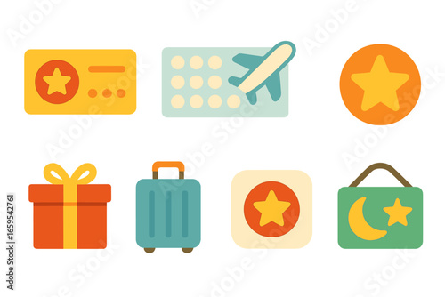 Travel Rewards Icons. Flat vector mini-illustrations Traveling with points and rewards in colors children's
